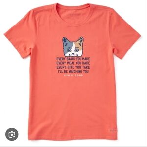 LIFE IS GOOD Women's Crusher Tee "I'll Be Watching You" Cat/Dog Orange T-Shirt S